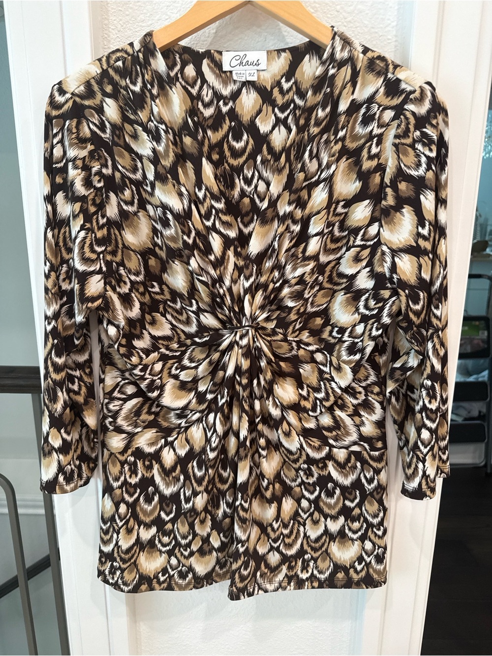 Chaus XL Brown Animal Print Ruched Front Blouse Stretch 3/4 Sleeve